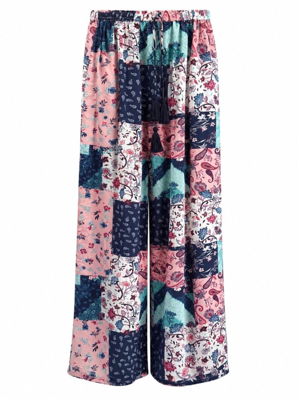 White Waves Patchwork Wide Leg Pants With Tassel Tie White Waves Rayon Blend O/S